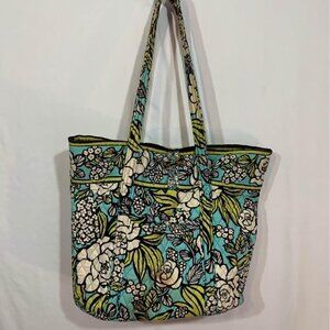 Vera Bradley duffle bag. Teal/yellow. Tortoise buckle. 9 compartments. Some wear